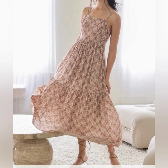 Host Pick New Maxi Dress Printed Adjustable Straps Back Tie Mauve Tiered Lined - Picture 1 of 4